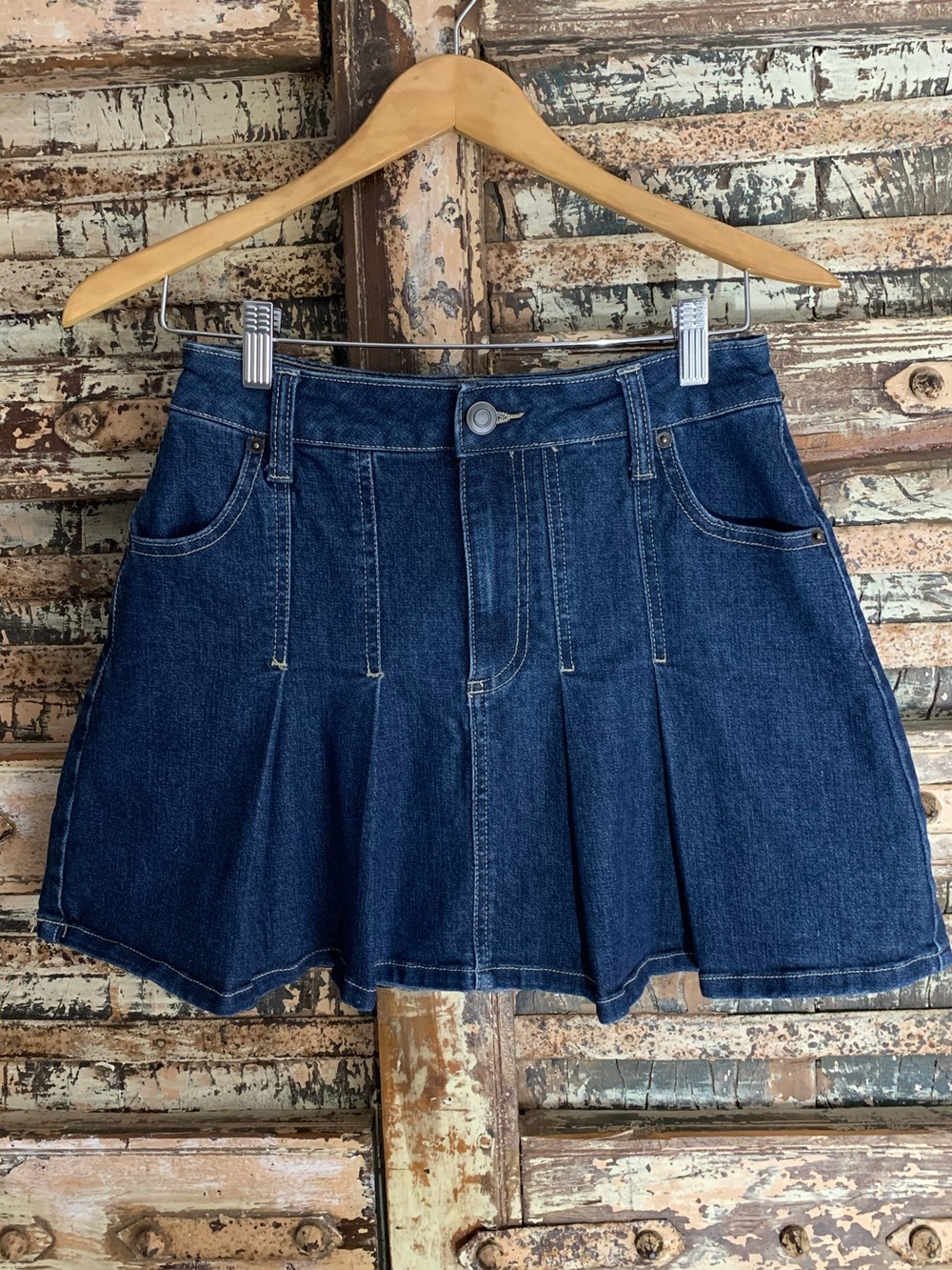 Project Indigo Dark Blue Denim Pleated Mini Skater Skirt, Coquette, EUC, 5